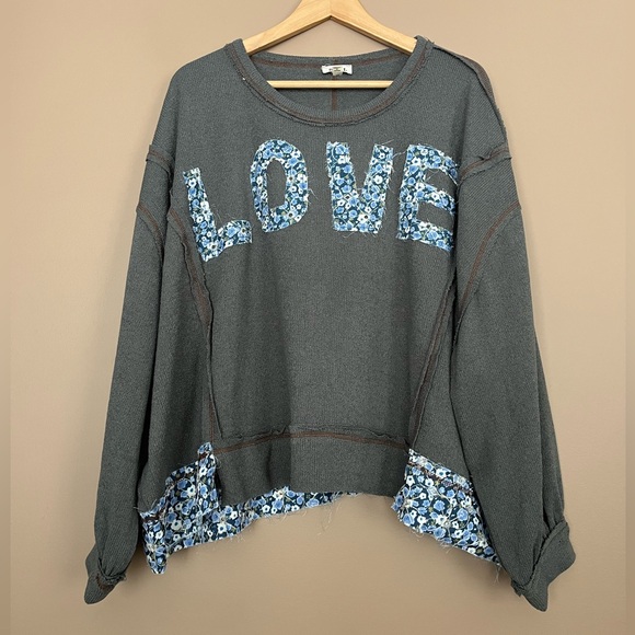 POL Tops - {POL} Love Patchwork Boho Love Club Long Sleeve Oversized Pullover - Size Medium